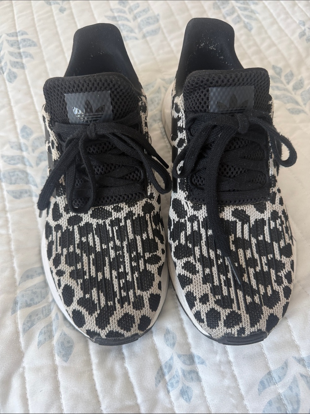 adidas Women’s Black & White Knit Leopard-Pattern Sneakers